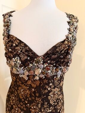 MANDALAY DRESSY DRESS W/BEADING/LACE BROWN COLOR SIZE 12/14US